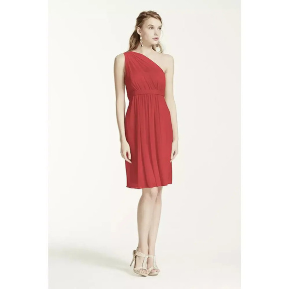 David's‎ Bridal Women's 2 Red/Cherry One Shoulder Short Dress w/ Illusion Neck - Picture 1 of 7